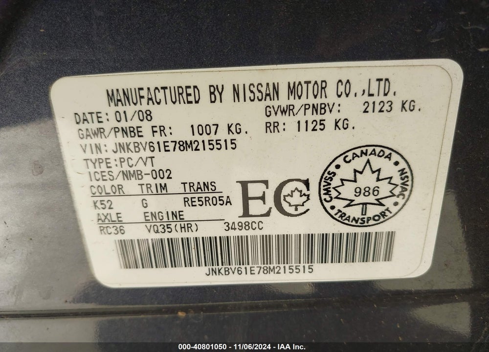 2008 INFINITI G35 JOURNEY VIN: JNKBV61E78M215515