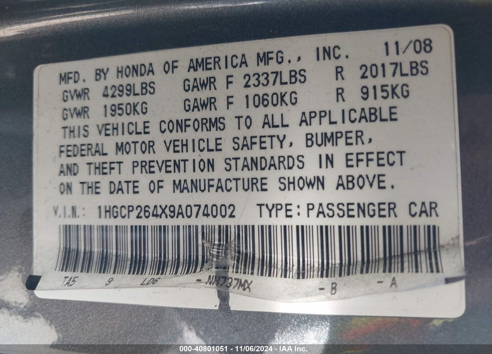2009 HONDA ACCORD 2.4 LX-P VIN: 1HGCP264X9A074002