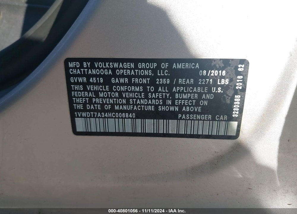 2017 VOLKSWAGEN PASSAT 1.8T R-LINE VIN: 1VWDT7A34HC006840
