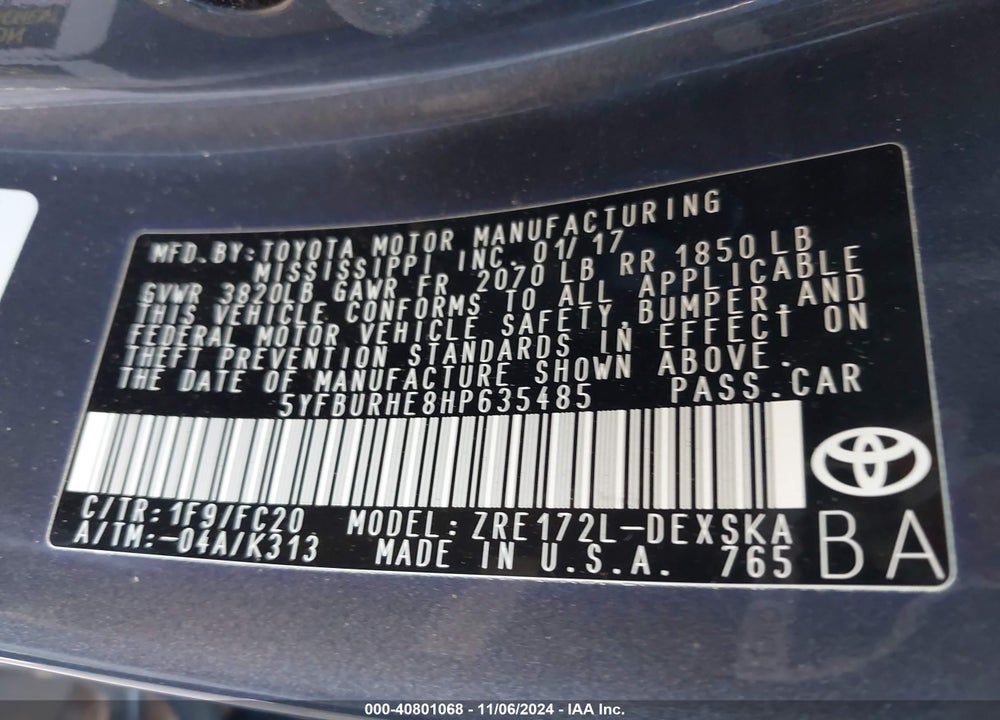 2017 TOYOTA COROLLA SE VIN: 5YFBURHE8HP635485
