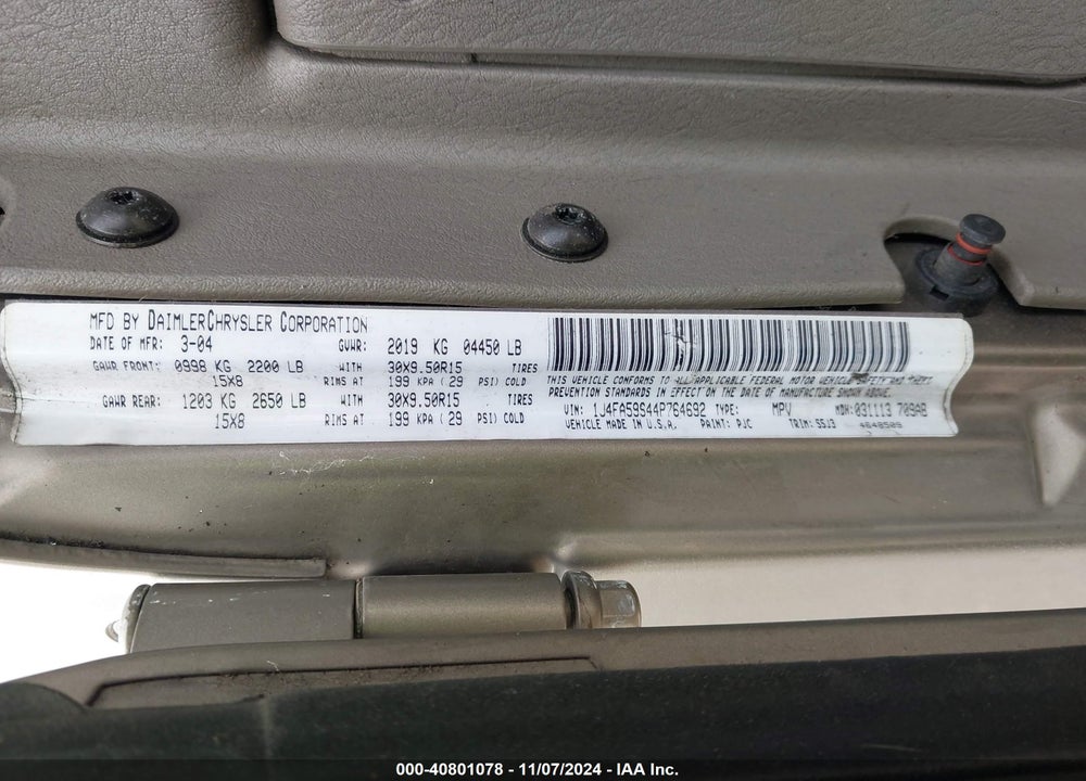 2004 JEEP WRANGLER SAHARA VIN: 1J4FA59S44P764692