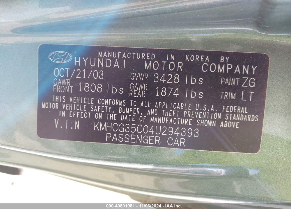 2004 HYUNDAI ACCENT GL/GT VIN: KMHCG35C04U294393