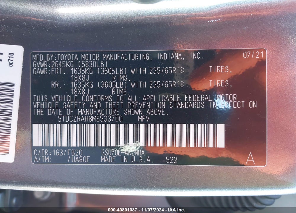 2021 TOYOTA HIGHLANDER L VIN: 5TDCZRAH8MS533700