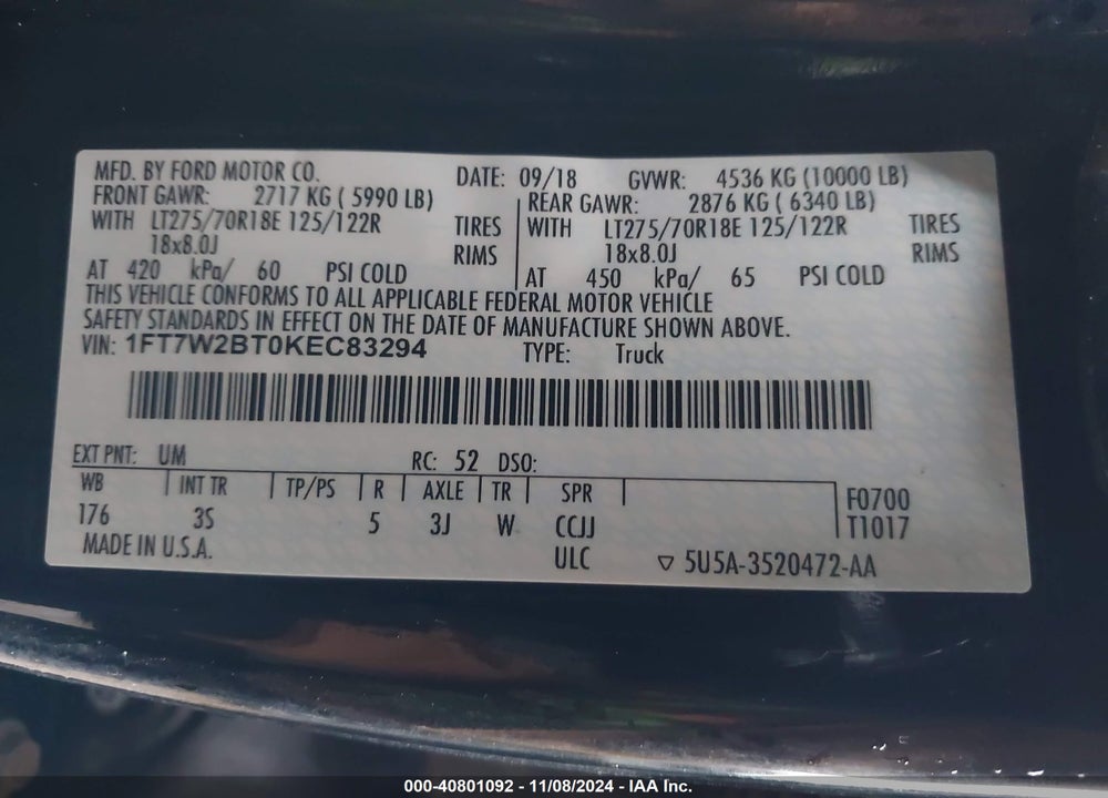 2019 FORD F-250 XLT VIN: 1FT7W2BT0KEC83294