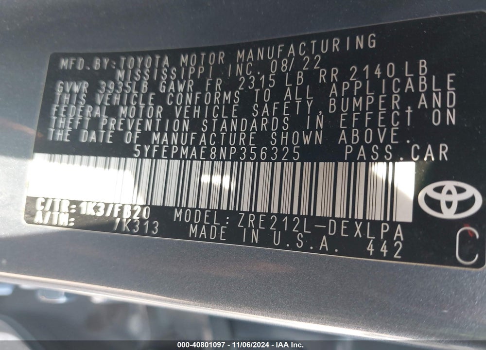 2022 TOYOTA COROLLA LE VIN: 5YFEPMAE8NP356325
