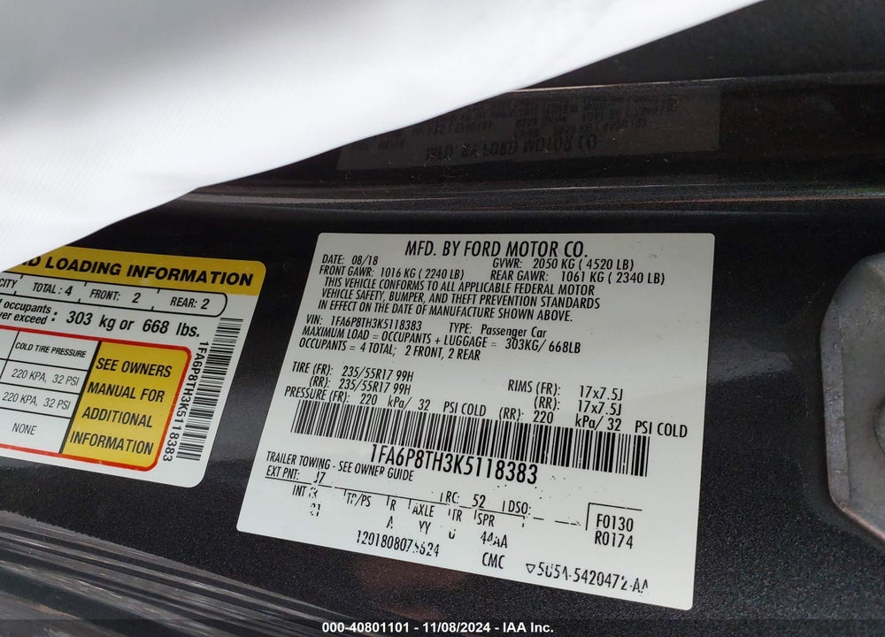 2019 FORD MUSTANG ECOBOOST VIN: 1FA6P8TH3K5118383
