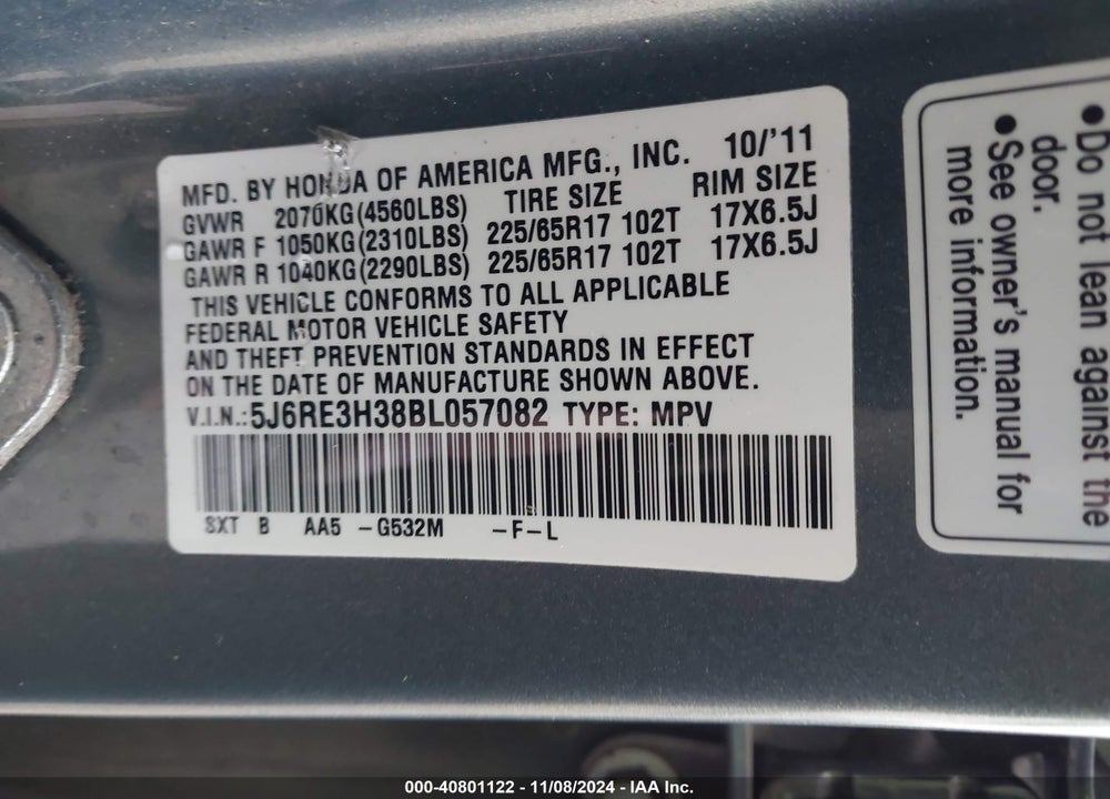 2011 HONDA CR-V LX VIN: 5J6RE3H38BL057082