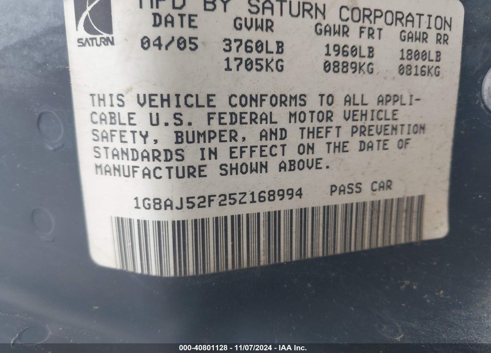 2005 SATURN ION 2 VIN: 1G8AJ52F25Z168994