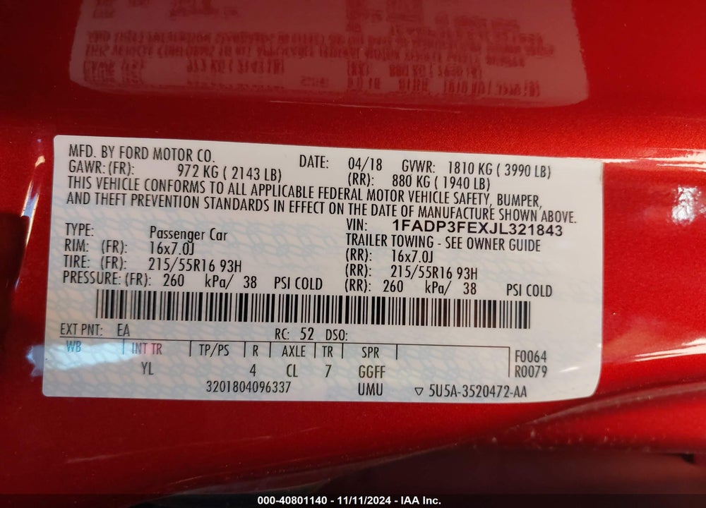2018 FORD FOCUS SE VIN: 1FADP3FEXJL321843