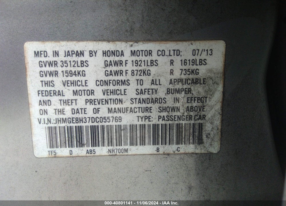 2013 HONDA FIT VIN: JHMGE8H37DC055769