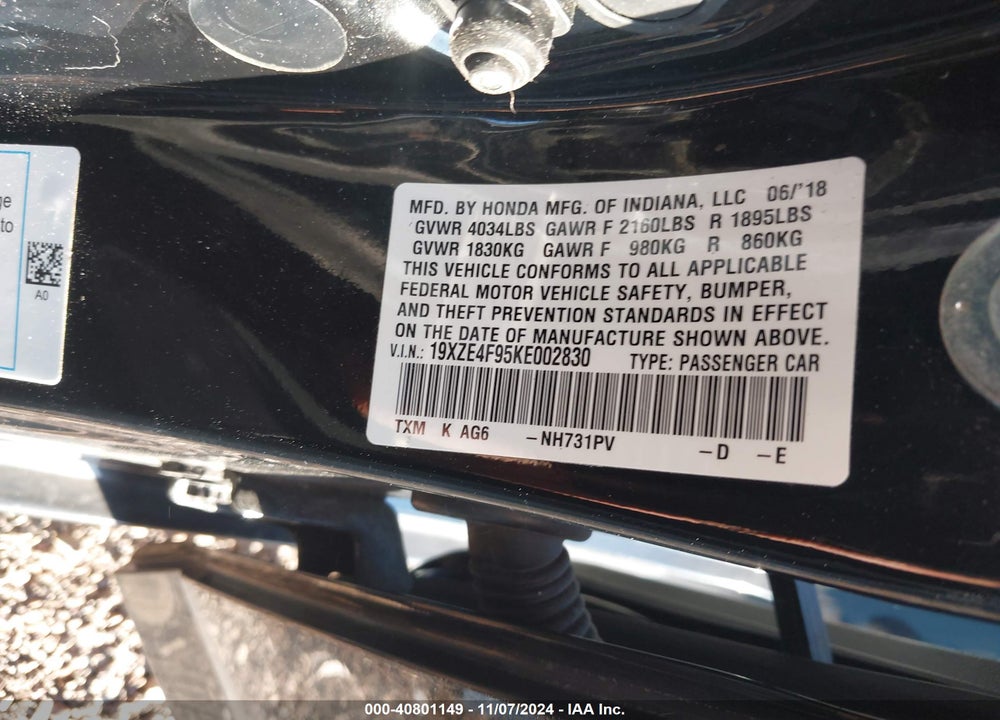 2019 HONDA INSIGHT TOURING VIN: 19XZE4F95KE002830