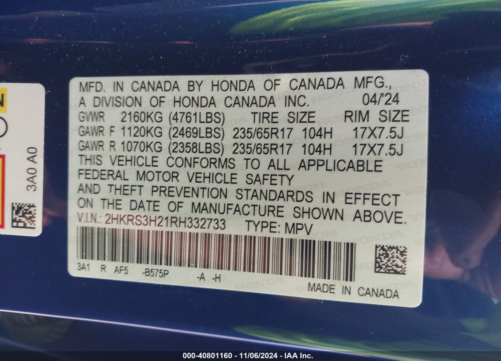 2024 HONDA CR-V LX 2WD VIN: 2HKRS3H21RH332733