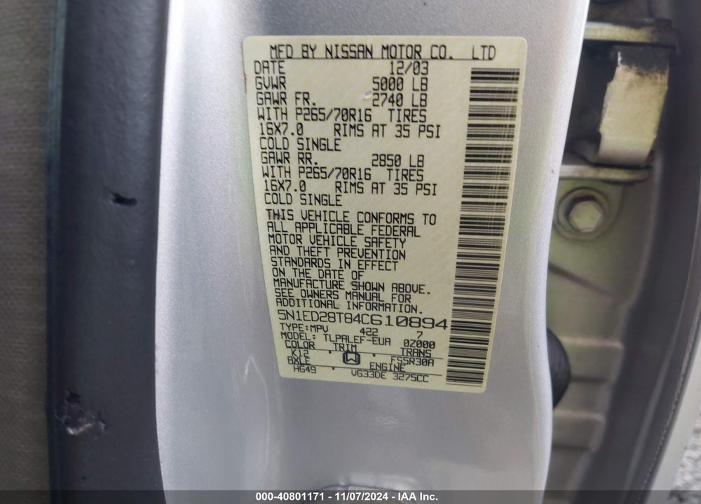 2004 NISSAN XTERRA XE VIN: 5N1ED28T84C610894