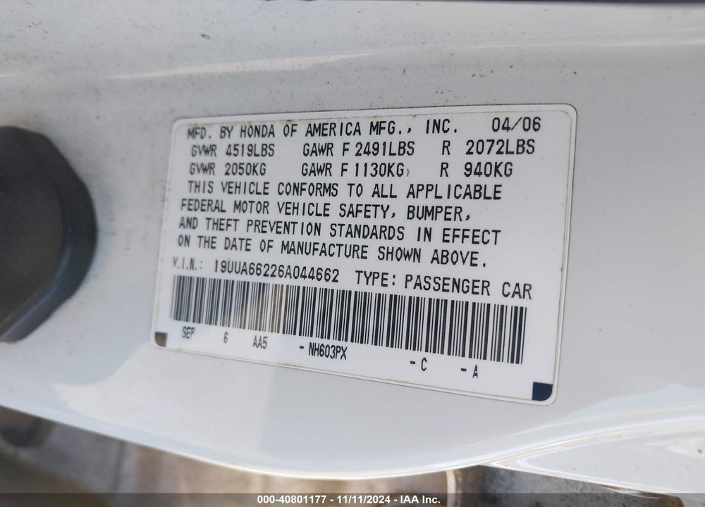 2006 ACURA TL VIN: 19UUA66226A044662