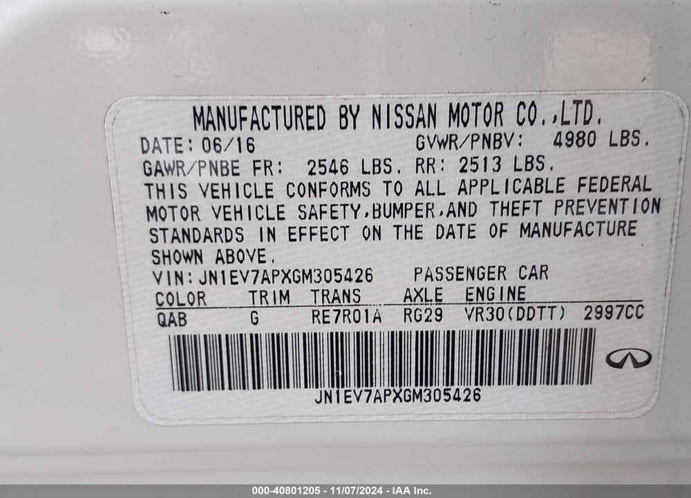2016 INFINITI Q50 3.0T PREMIUM VIN: JN1EV7APXGM305426