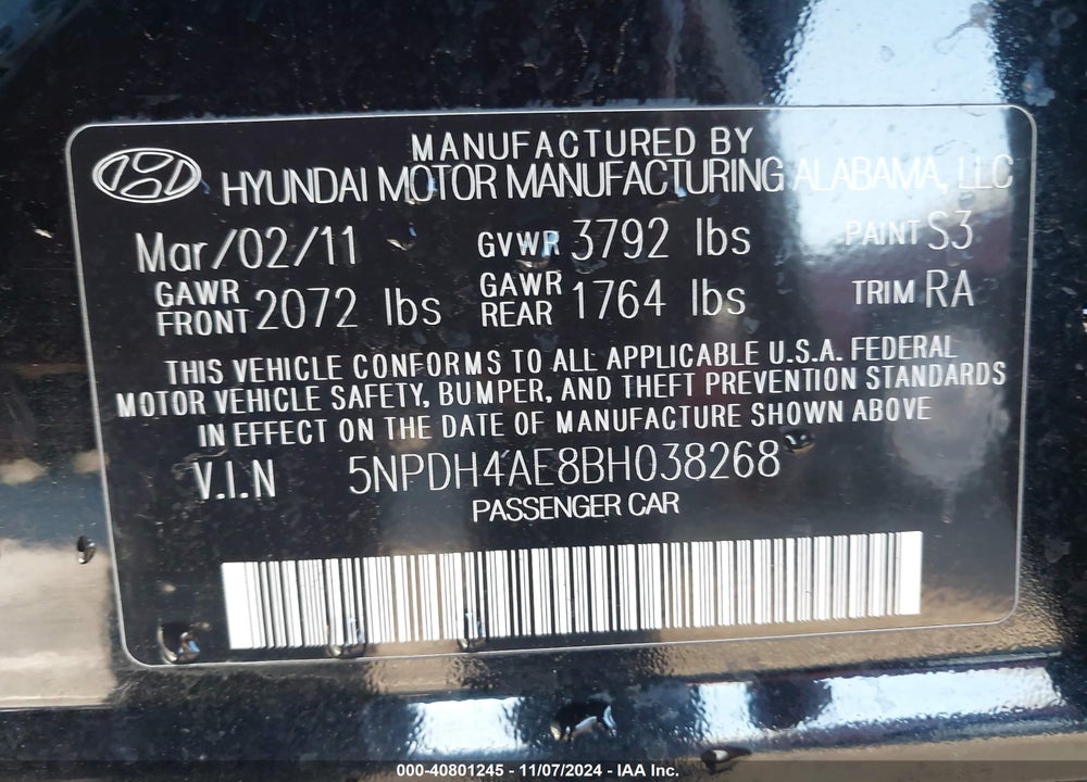 2011 HYUNDAI ELANTRA GLS VIN: 5NPDH4AE8BH038268