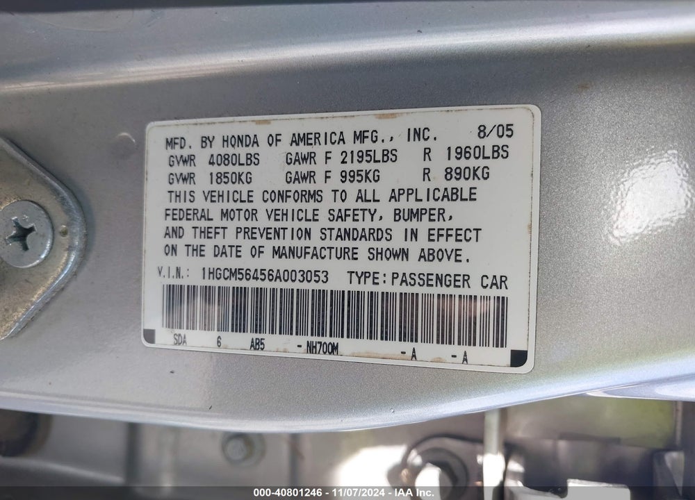 2006 HONDA ACCORD 2.4 LX VIN: 1HGCM56456A003053