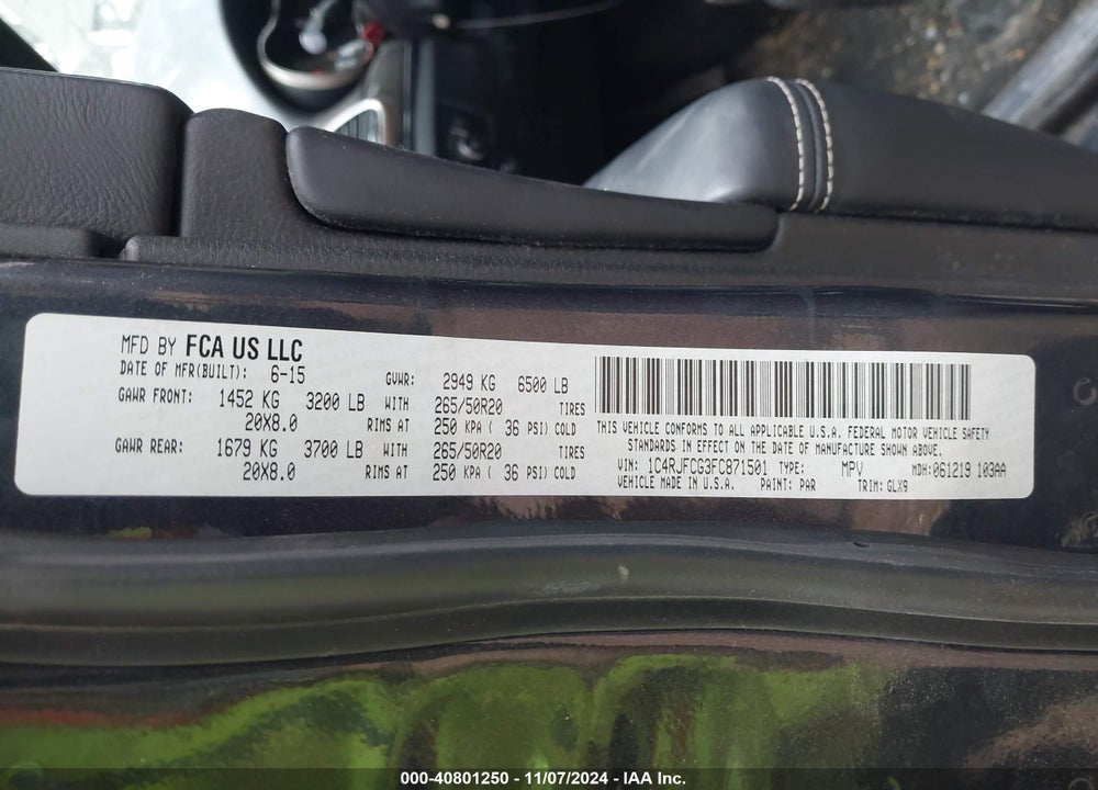 2015 JEEP GRAND CHEROKEE OVERLAND VIN: 1C4RJFCG3FC871501