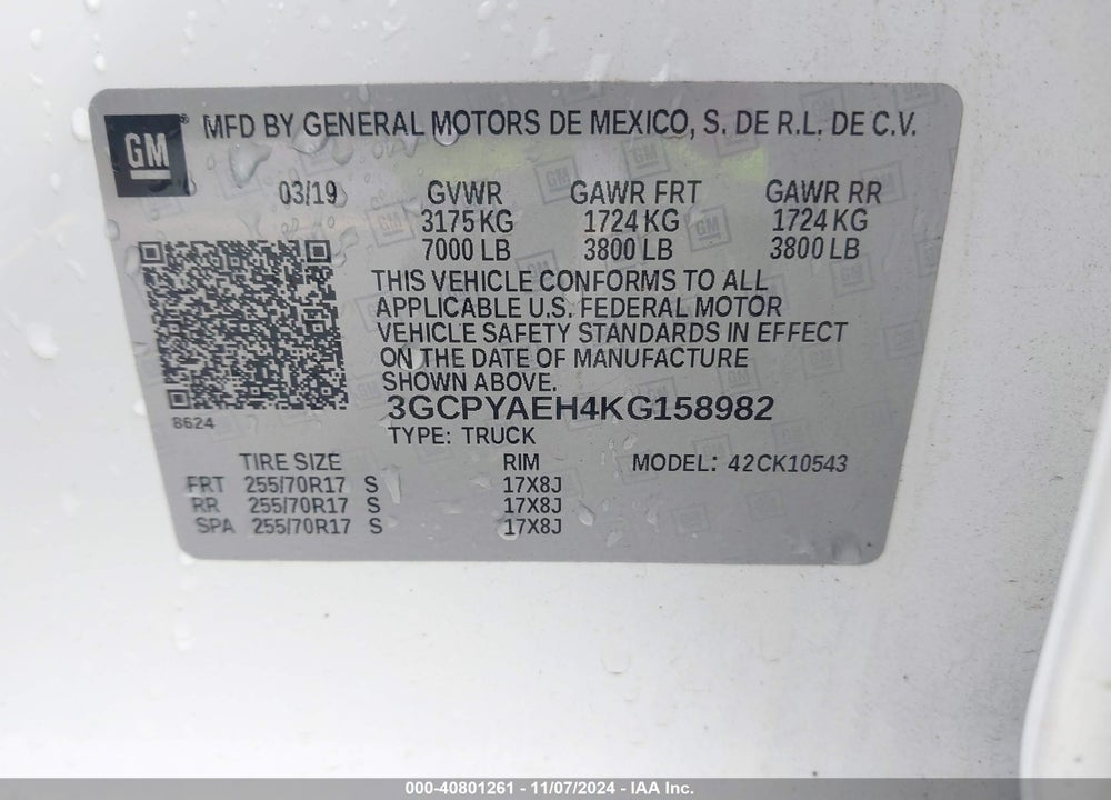 2019 CHEVROLET SILVERADO 1500 WORK TRUCK VIN: 3GCPYAEH4KG158982