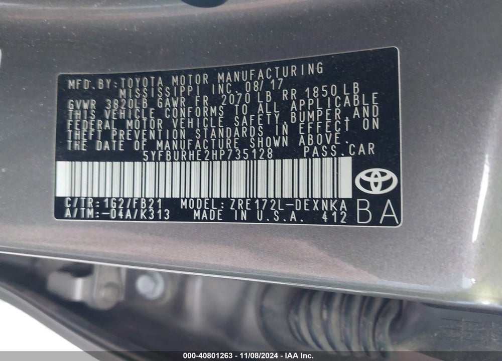 2017 TOYOTA COROLLA VIN: 5YFBURHE2HP735128