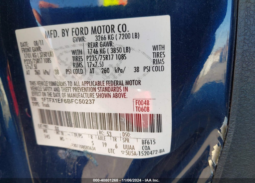2011 FORD F-150 XLT VIN: 1FTFX1EF6BFC50237