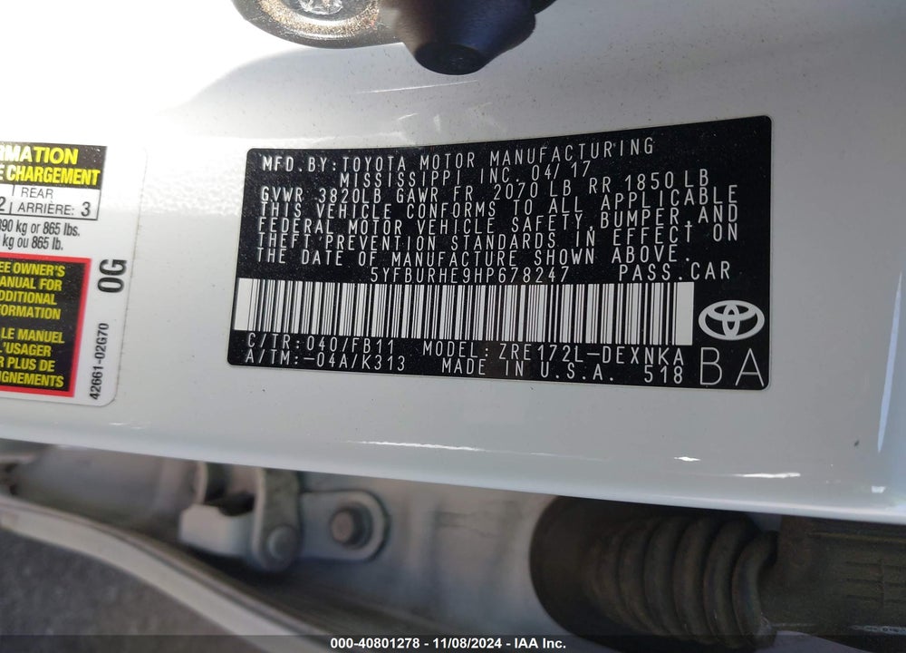 2017 TOYOTA COROLLA LE VIN: 5YFBURHE9HP678247