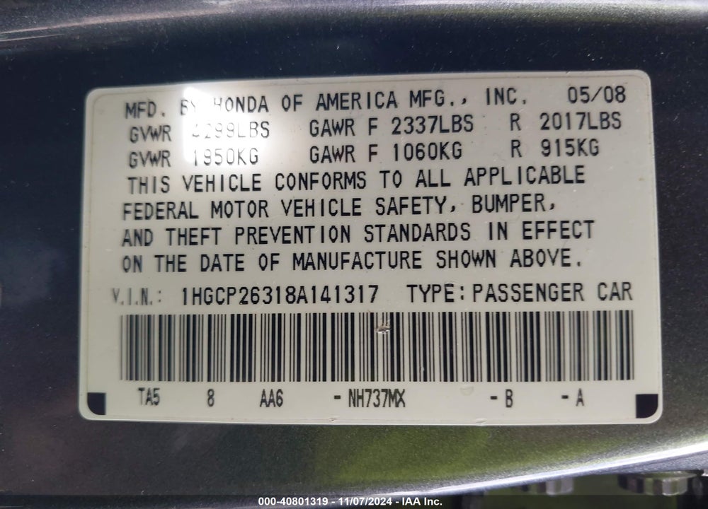 2008 HONDA ACCORD 2.4 LX VIN: 1HGCP26318A141317
