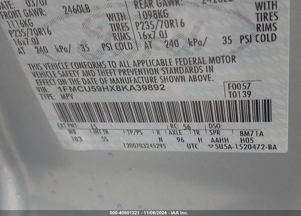 2008 FORD ESCAPE HYBRID VIN: 1FMCU59HX8KA39892