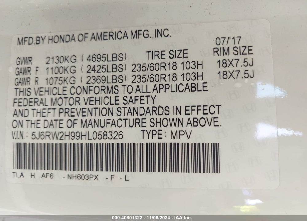 2017 HONDA CR-V TOURING VIN: 5J6RW2H99HL058326