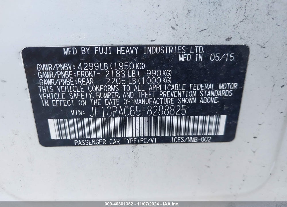 2015 SUBARU IMPREZA 2.0I PREMIUM VIN: JF1GPAC65F8288825
