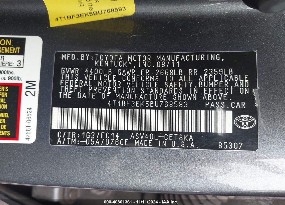 2011 TOYOTA CAMRY SE VIN: 4T1BF3EK5BU768583