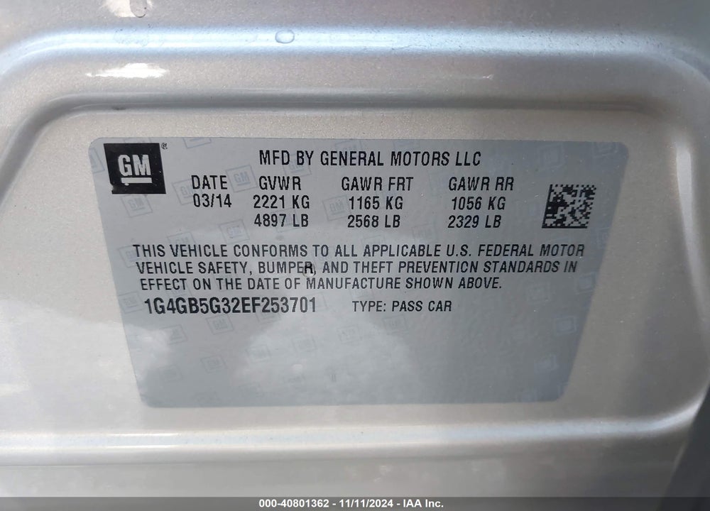 2014 BUICK LACROSSE LEATHER GROUP VIN: 1G4GB5G32EF253701