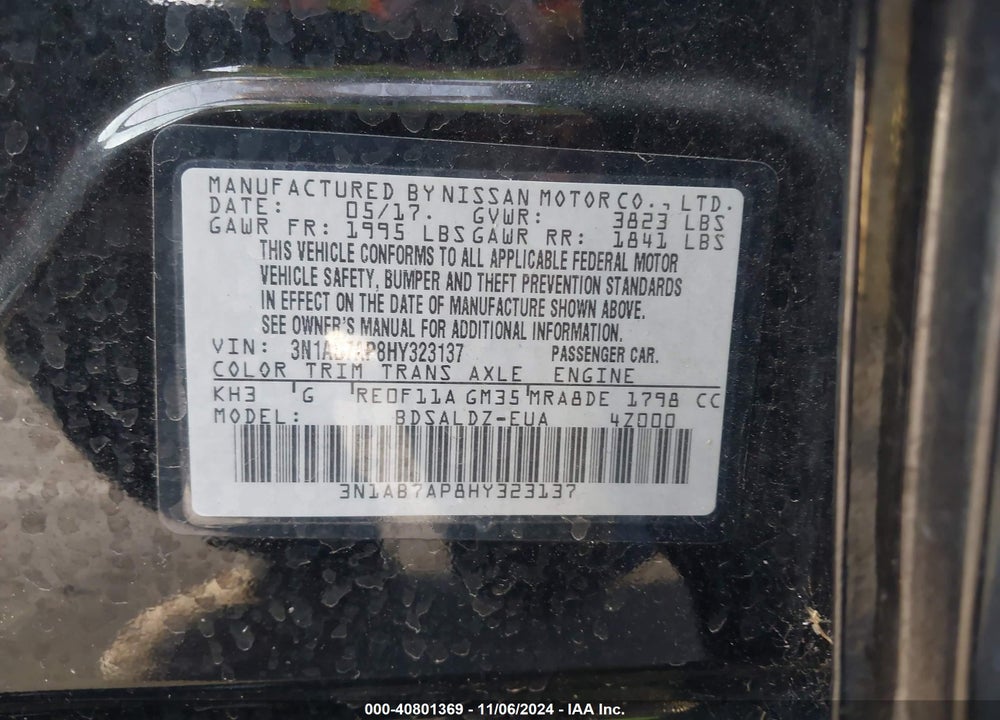 2017 NISSAN SENTRA SV VIN: 3N1AB7AP8HY323137