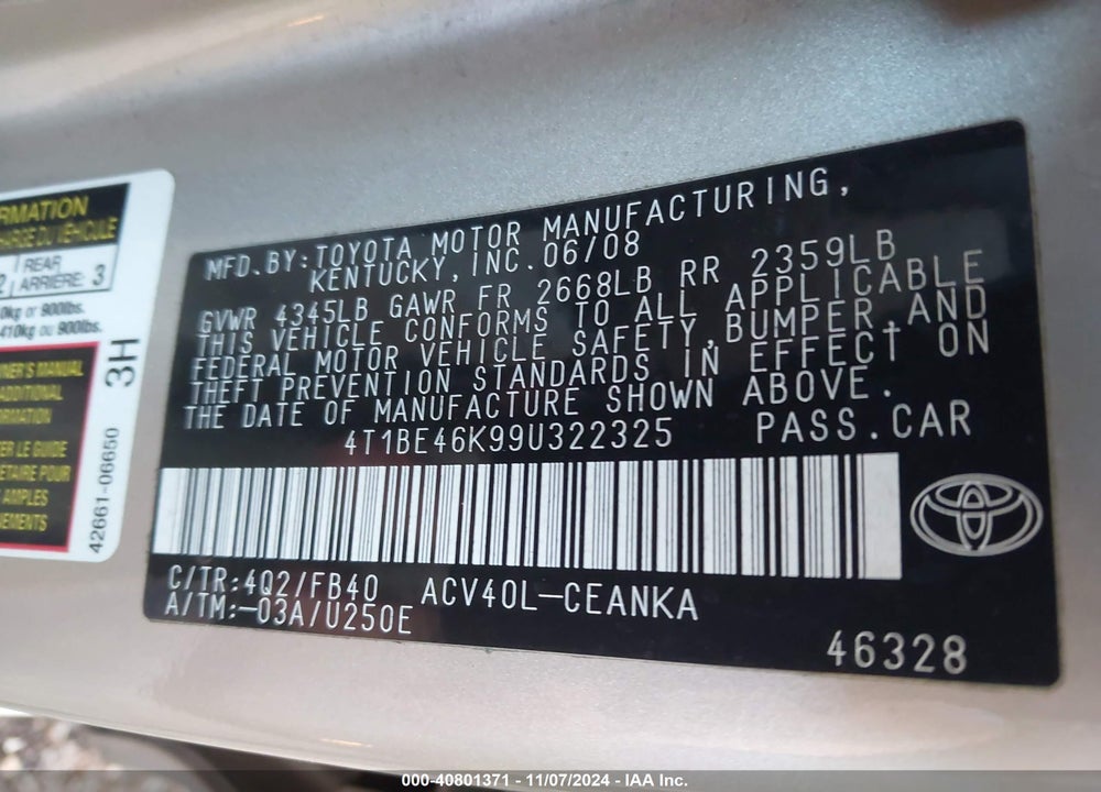 2009 TOYOTA CAMRY VIN: 4T1BE46K99U322325