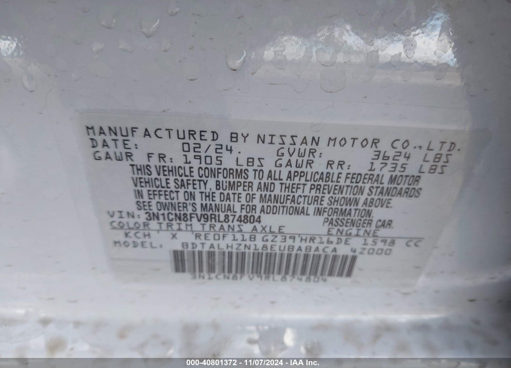 2024 NISSAN VERSA 1.6 SR VIN: 3N1CN8FV9RL874804