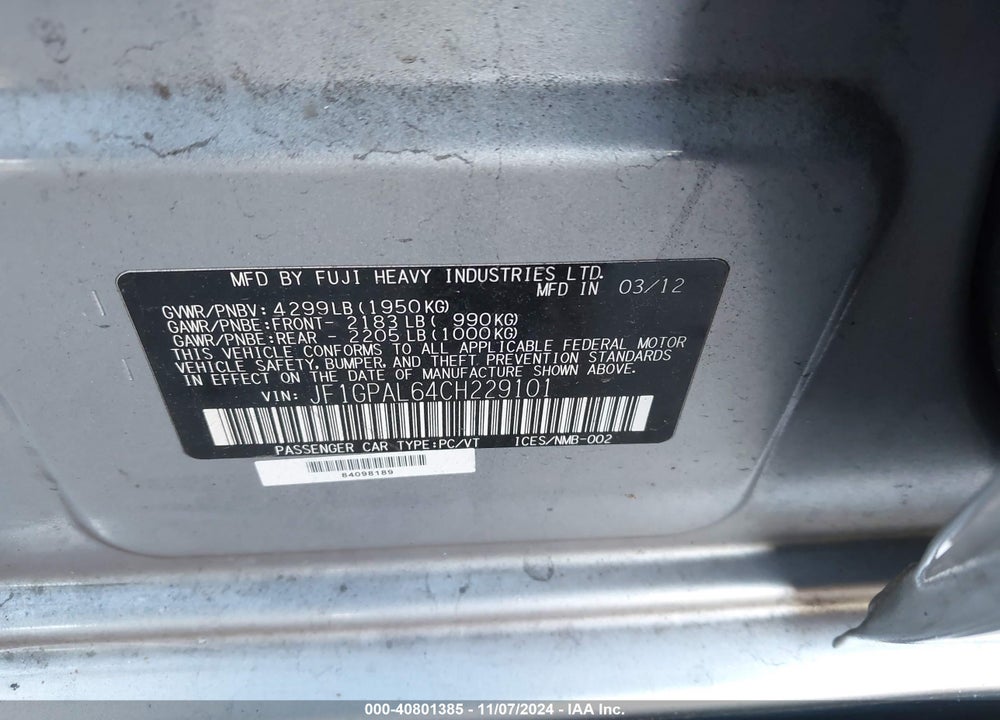 2012 SUBARU IMPREZA 2.0I SPORT PREMIUM VIN: JF1GPAL64CH229101