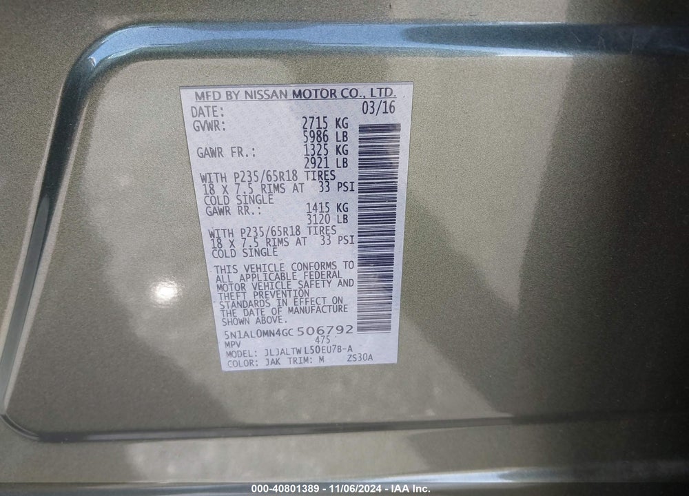 2016 INFINITI QX60 VIN: 5N1AL0MN4GC506792