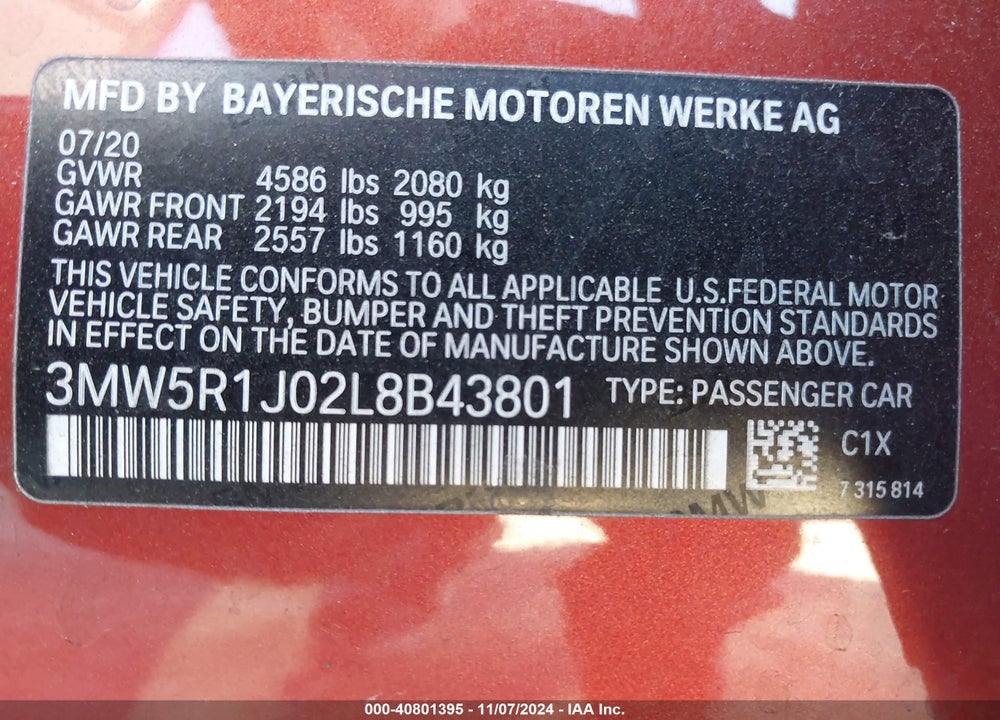 2020 BMW 330I VIN: 3MW5R1J02L8B43801