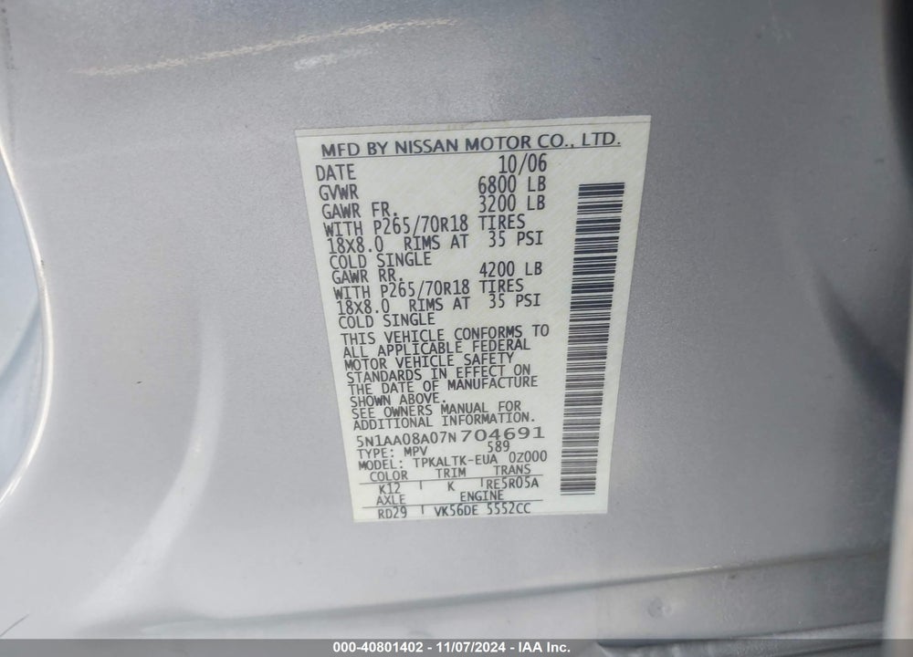 2007 NISSAN ARMADA SE VIN: 5N1AA08A07N704691