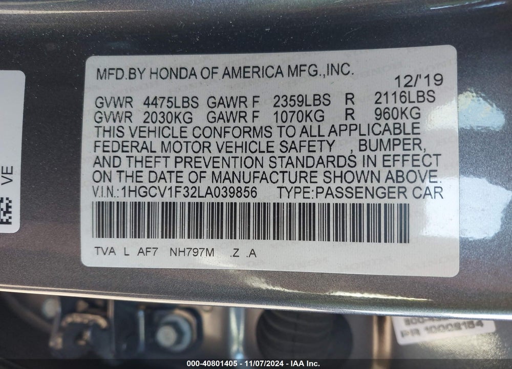 2020 HONDA ACCORD SPORT VIN: 1HGCV1F32LA039856