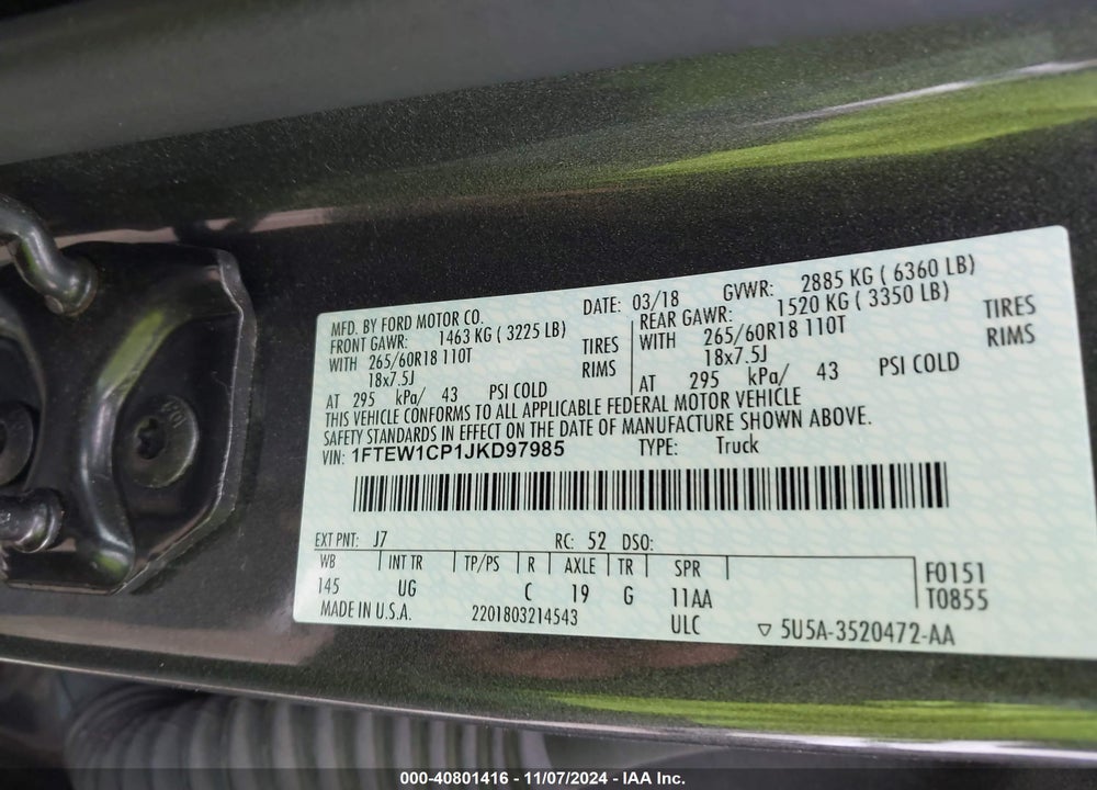 2018 FORD F-150 XLT VIN: 1FTEW1CP1JKD97985
