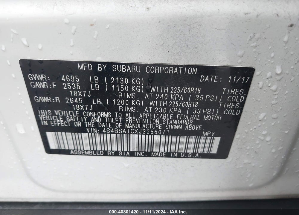 2018 SUBARU OUTBACK 2.5I TOURING VIN: 4S4BSATCXJ3266071
