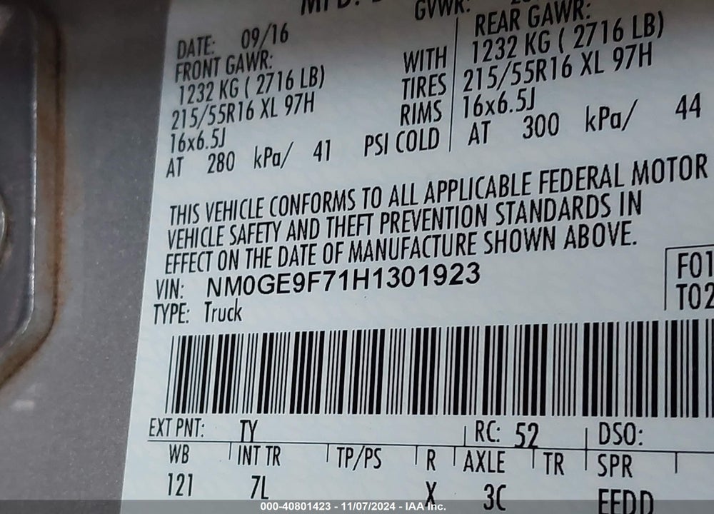 2017 FORD TRANSIT CONNECT XLT VIN: NM0GE9F71H1301923