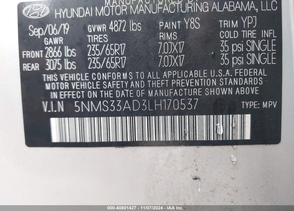 2020 HYUNDAI SANTA FE VIN: 5NMS33AD3LH170537