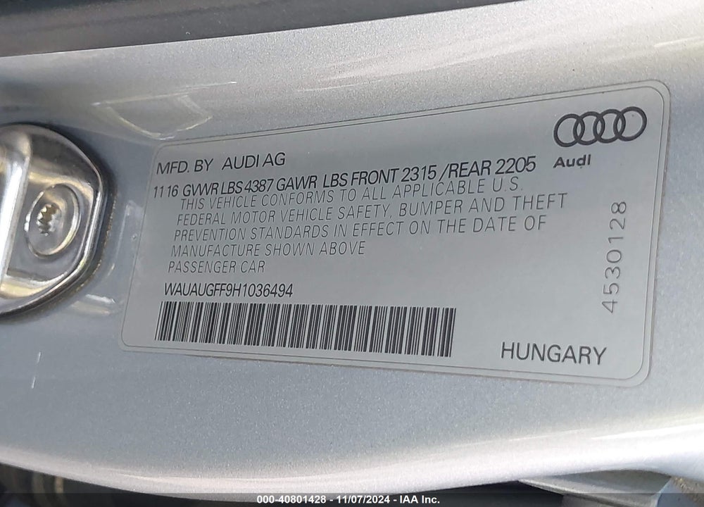 2017 AUDI A3 2.0T PREMIUM VIN: WAUAUGFF9H1036494
