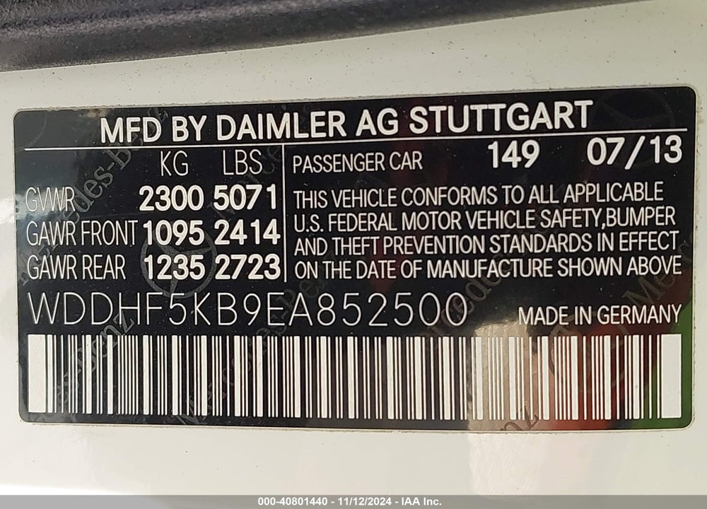 2014 MERCEDES-BENZ E 350 VIN: WDDHF5KB9EA852500