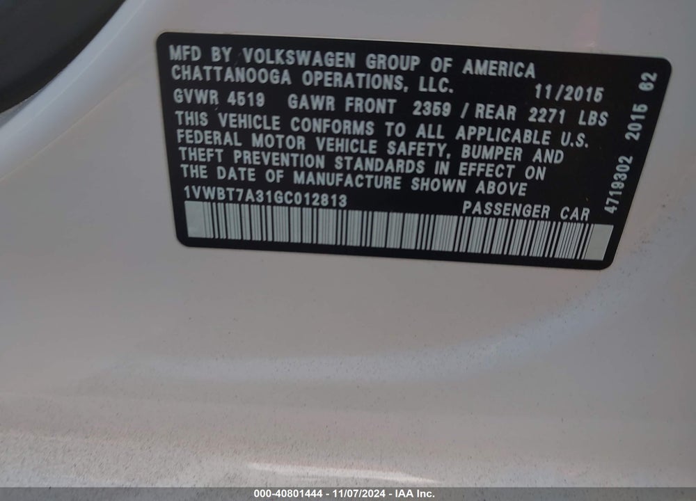 2016 VOLKSWAGEN PASSAT 1.8T SE VIN: 1VWBT7A31GC012813