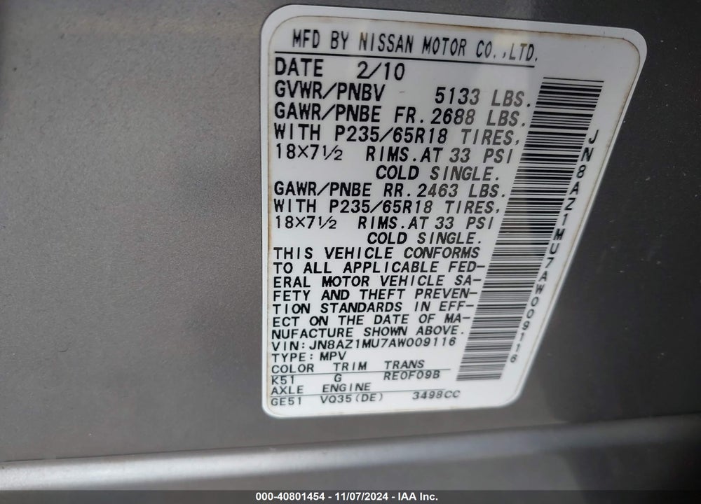 2010 NISSAN MURANO SL VIN: JN8AZ1MU7AW009116