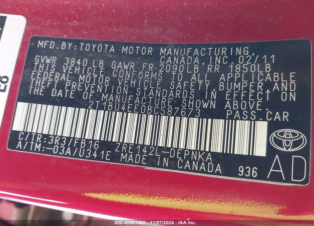 2011 TOYOTA COROLLA LE VIN: 2T1BU4EE0BC587673