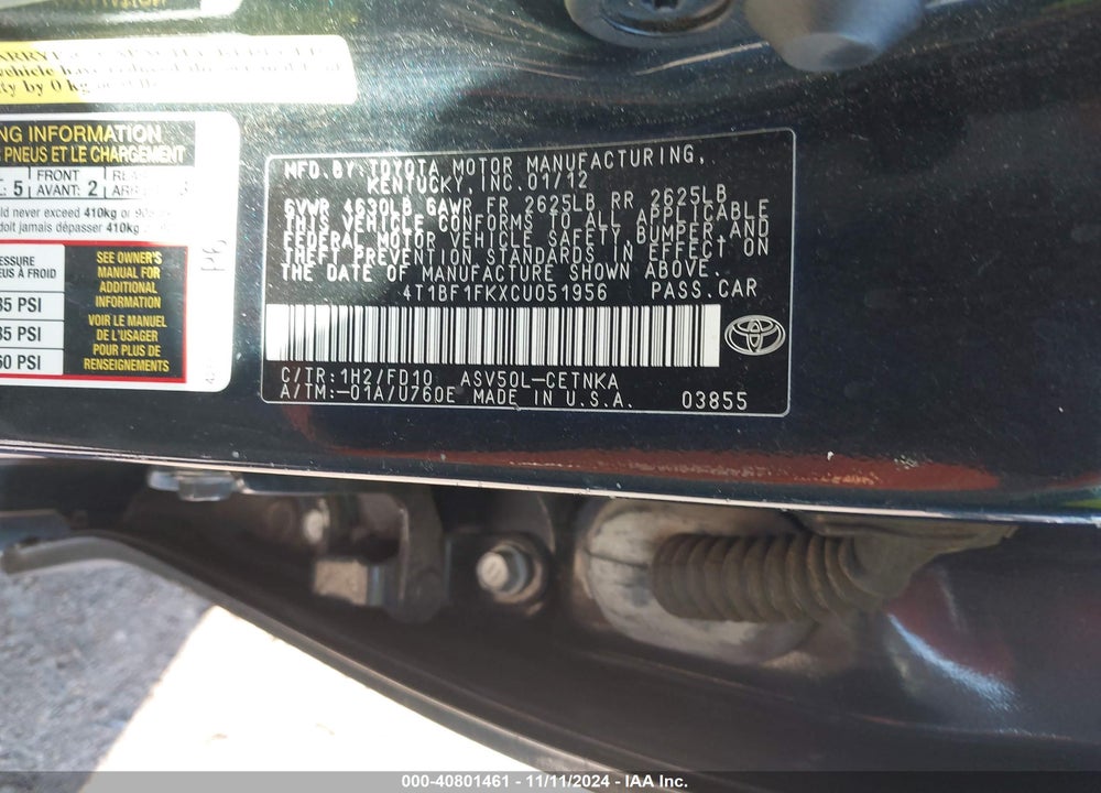 2012 TOYOTA CAMRY LE VIN: 4T1BF1FKXCU051956